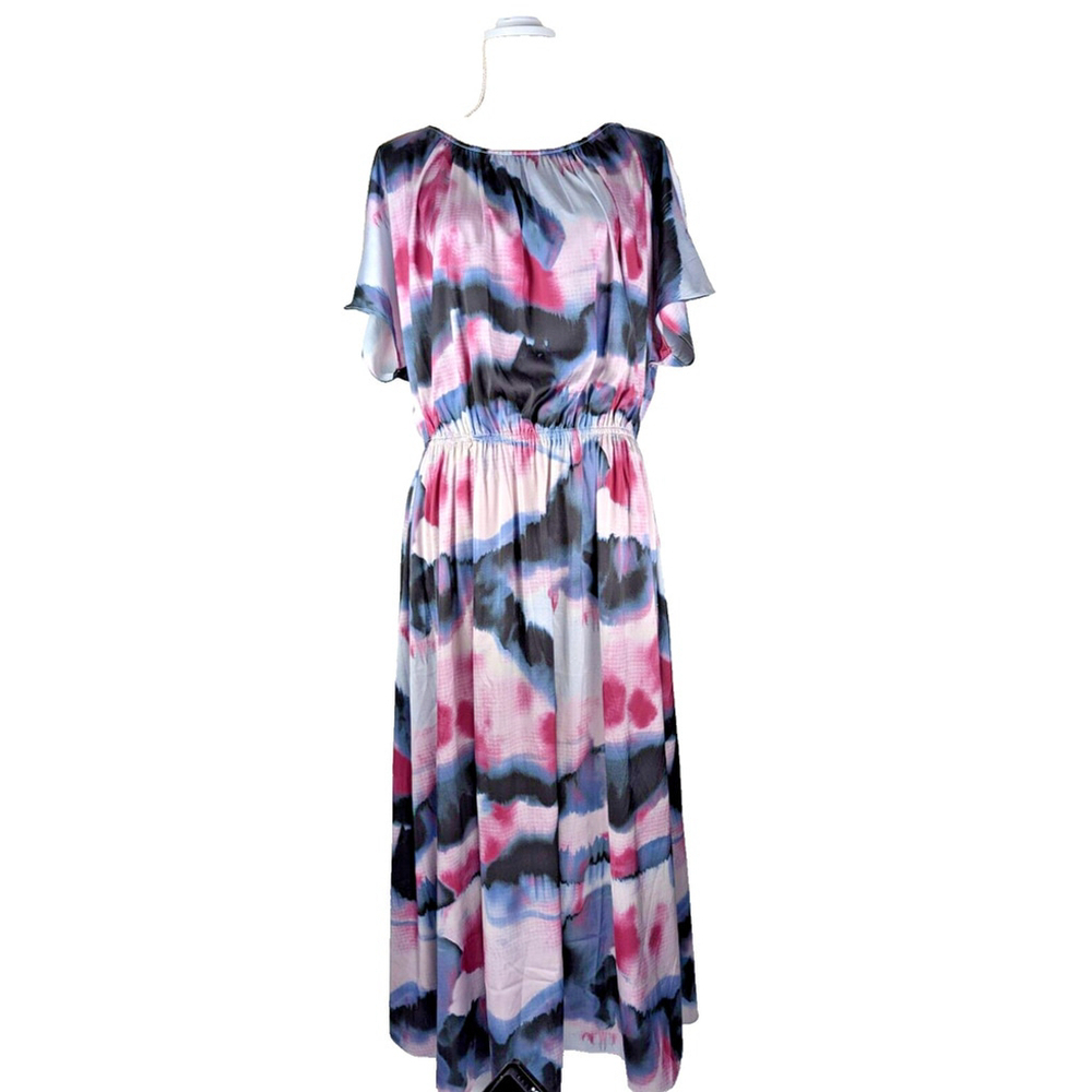 Soft Surroundings Midi Dress XL Faux Silk Blue Pink Washable Flowy Tie Dye